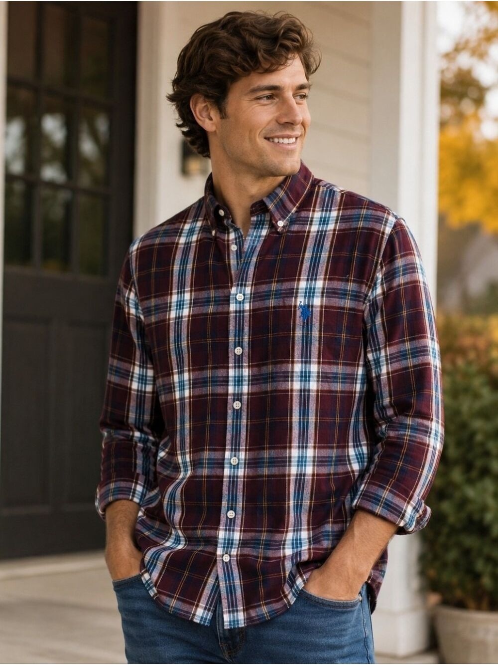 U.S. Polo Assn Burgundy Navy Plaid Long Sleeve Button Up Shirt Size Small